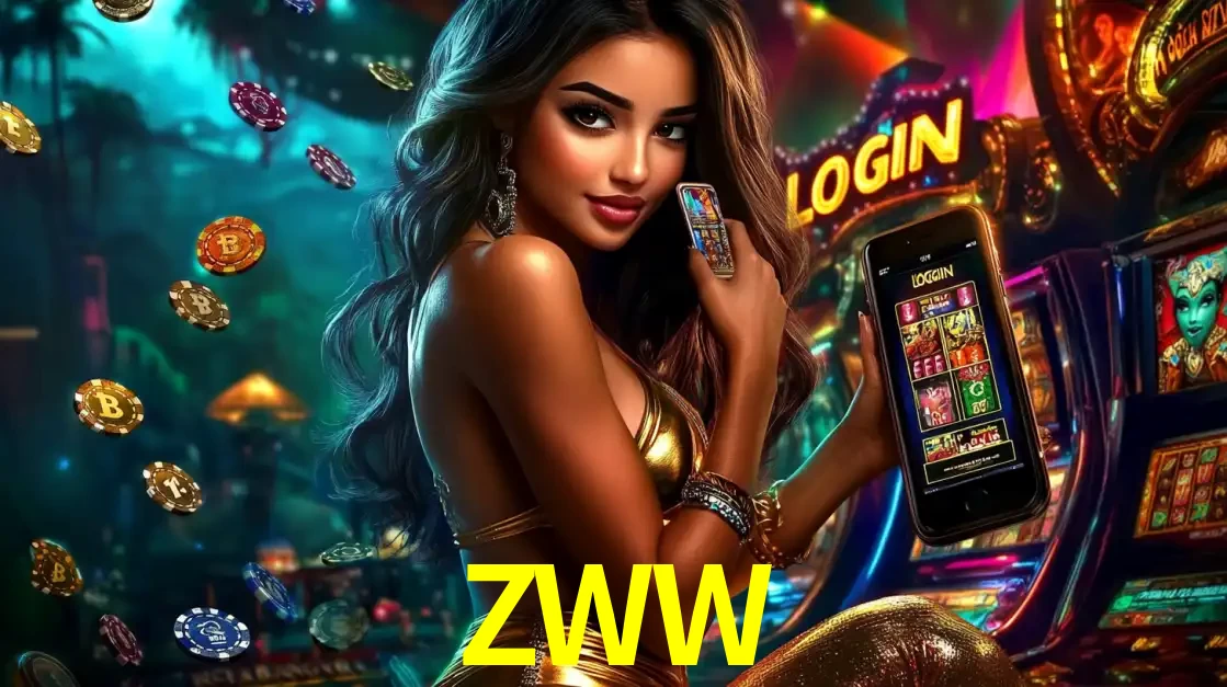 Mulher em um cenário de cassino temático de aventura, mostrando o app de caça-níqueis da ZWW no celular. Fichas de apostas flutuam ao redor.