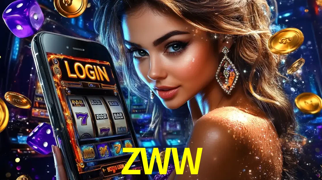 Mulher glamorosa segurando um smartphone com a tela de login para os jogos de caça-níqueis do cassino online ZWW, com moedas de ouro e dados ao redor.