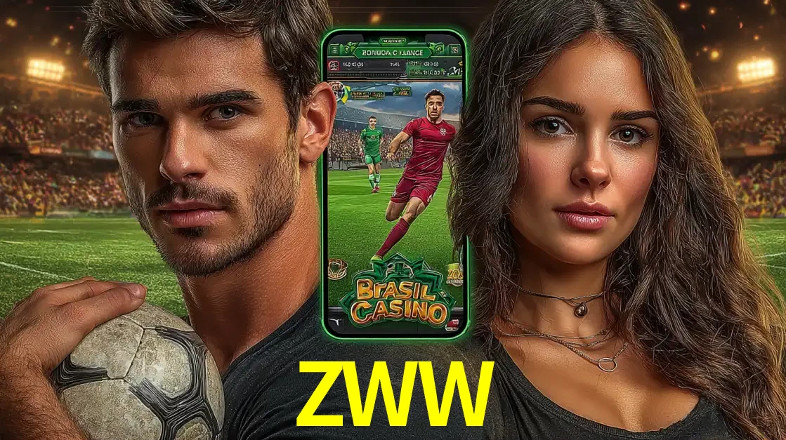 Homem segurando uma bola de futebol e uma mulher ao lado de um smartphone exibindo o jogo de apostas esportivas da ZWW. Faça seu palpite no cassino online.